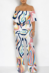 White Street Geometric Print Pocket Flounce Off Shoulder Jumpsuits
