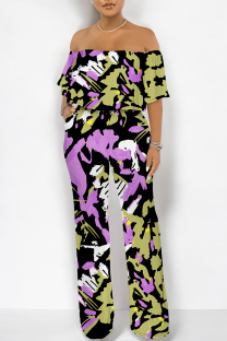Black Street Geometric Print Pocket Flounce Off Shoulder Jumpsuits