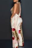 Black And White Sexy Geometric Print Pocket Lace Up Backless Contrast Halter Loose Jumpsuits