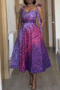 Purple Sexy Print Pocket Patchwork Strap Design Spaghetti Strap Sling Dresses