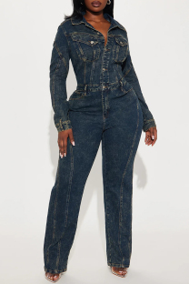 Deep Blue Casual Solid Color Buttons Patchwork Turndown Collar Long Sleeve High Waist Regular Denim Jumpsuits