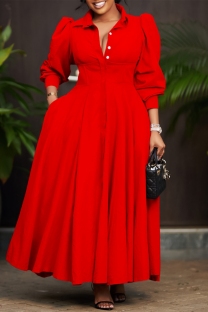 Red Casual Daily Solid Color Buttons Turndown Collar Long Dresses