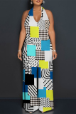 Black And White Sexy Geometric Print Pocket Lace Up Backless Contrast Halter Loose Jumpsuits