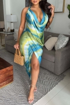 Blue Sexy Tie Dye Backless Slit Halter Irregular Dresses