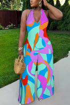 Multi-color Sexy Geometric Print Pocket Lace Up Backless Contrast Halter Loose Jumpsuits