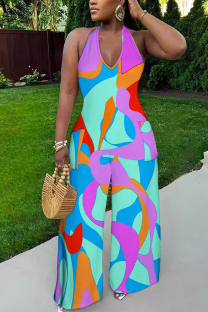 Multi-color Sexy Geometric Print Pocket Lace Up Backless Contrast Halter Loose Jumpsuits