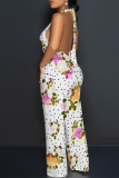 Multicolor Sexy Floral Print Pocket Lace Up Backless Contrast Loose Jumpsuits