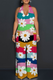 Multicolor Sexy Floral Print Pocket Lace Up Backless Contrast Loose Jumpsuits