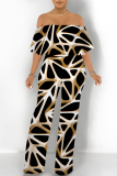 Orange Apricot Street Geometric Print Pocket Flounce Off Shoulder Jumpsuits