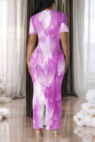 Pink Casual Gradient Print Flowers Contrast O Neck Printed Dresses