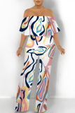 Orange Apricot Street Geometric Print Pocket Flounce Off Shoulder Jumpsuits