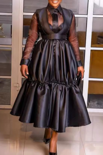 Black Sexy Solid Color Pocket Patchwork Mesh Turn-back Collar Long Dresses