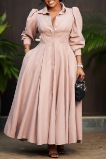 Khaki Casual Daily Solid Color Buttons Turndown Collar Long Dresses