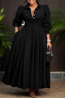 Black Casual Daily Solid Color Buttons Turndown Collar Long Dresses