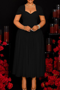 Black Elegant Solid Color Patchwork Ruched Asymmetrical Collar Long Dresses