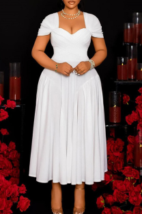 White Elegant Solid Color Patchwork Ruched Asymmetrical Collar Long Dresses