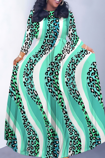 Green Casual Striped Print Leopard Pocket With Belt O Neck Printed Dresses