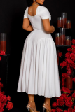 Black Elegant Solid Color Patchwork Ruched Asymmetrical Collar Long Dresses
