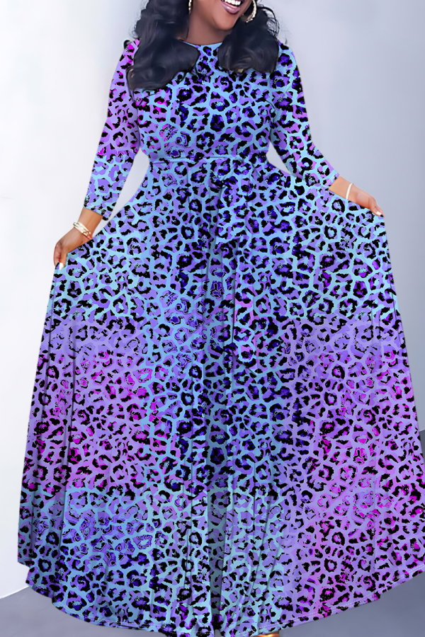 Purple Casual Striped Print Leopard Pocket With Belt O Neck Printed Dresses