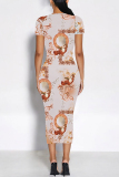 Red Casual Floral Print Butterfly Contrast O Neck Printed Short Sleeve Dress