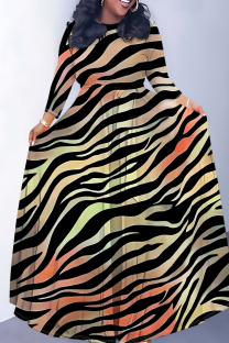 Tangerine Red Casual Striped Print Leopard Pocket With Belt O Neck Printed Dresses