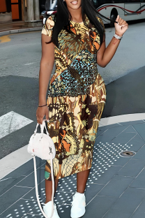 Beige Casual Floral Print Butterfly Contrast O Neck Printed Short Sleeve Dress