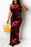 Red Sexy Floral Print Contrast O Neck Printed Dresses
