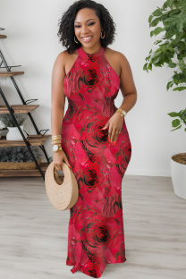 Red Sexy Floral Print Contrast O Neck Printed Dresses