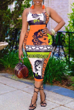 Orange White Sexy Casual Print Backless U Neck Sling Dresses
