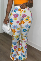 White Casual Print Patchwork Mid Waist Speaker Full Print Bottoms
