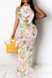 Red Sexy Floral Print Contrast O Neck Printed Dresses