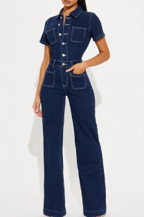 Blue Casual Solid Color Pocket Buttons Patchwork Turndown Collar Short Sleeve Regular Denim Jumpsuits
