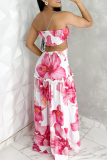 Pink Sexy Print Hollow Out Strap Design Strapless Long Dresses