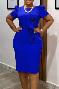 Royal Blue Casual Solid Color Flowers O Neck Short Sleeve Short Sleeve Dress