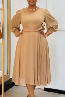 Khaki Elegant Solid Color Patchwork Ruched Flower Shape V Neck Long Dresses