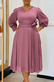 Pink Elegant Solid Color Patchwork Ruched Flower Shape V Neck Long Dresses