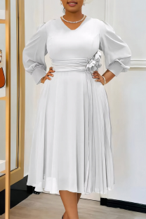 White Elegant Solid Color Patchwork Ruched Flower Shape V Neck Long Dresses