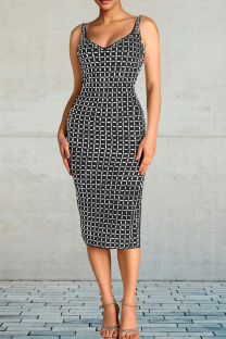 Black Sexy Solid Color Backless Slit Hot Drill Spaghetti Strap Sling Dresses