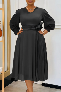 Black Elegant Solid Color Patchwork Ruched Flower Shape V Neck Long Dresses