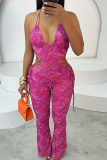 Rose Red Sexy Print Patchwork Backless Cross Straps Spaghetti Strap Skinny Jumpsuits