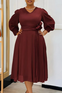 Burgundy Elegant Solid Color Patchwork Ruched Flower Shape V Neck Long Dresses
