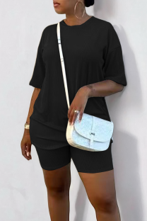 Black Casual Solid Color Patchwork O Neck Short Sleeve Two Pieces
