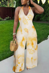 Orange Casual Gradient Print Tie Dye Pocket Backless Contrast Halter Loose Jumpsuits