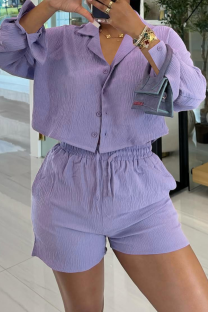 Purple Casual Solid Color Buckle Patchwork Turndown Collar Long Sleeve Two Pieces