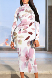 Pink Elegant Floral Print Contrast Turtleneck Printed Dresses