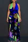 Red Sexy Geometric Print Tiger Stripes Pocket Backless Contrast Halter Loose Jumpsuits