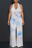 Blue Purple Sexy Floral Print Pocket Backless Halter Loose Jumpsuits