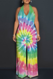 Shallow Yellow Casual Gradient Print Tie Dye Pocket Backless Contrast Halter Loose Jumpsuits