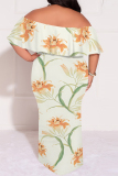 Apricot Sexy Floral Print Flounce Off Shoulder Printed Plus Size Dresses