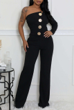 Ink Green Casual Daily Elegant Solid Color Backless Oblique Collar Bodycon Jumpsuits